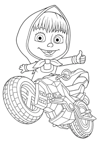Розмальовка Маша та мотоцикл скачати та роздрукувати в форматі А4