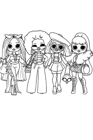 Розмальовка ЛОЛ OMG — Леді Діджей, Неон, Королева Бджілка та Леді Діва скачати та роздрукувати в форматі А4