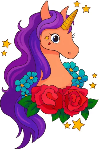 Малюнки для дівчат єдиноріг та троянди скачати та роздрукувати в форматі А4