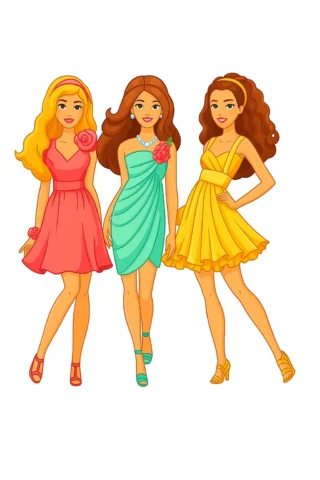 Розмальовки для дівчат: Три модні подружки на вечірці — скачати та роздрукувати в форматі А4