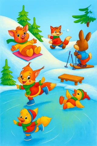 Малюнки для дівчат зимові ігри з тваринами скачати та роздрукувати в форматі А4