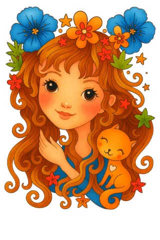 Малюнки для дівчат Фея з котиком у чарівних квітах — скачати та роздрукувати в форматі А4