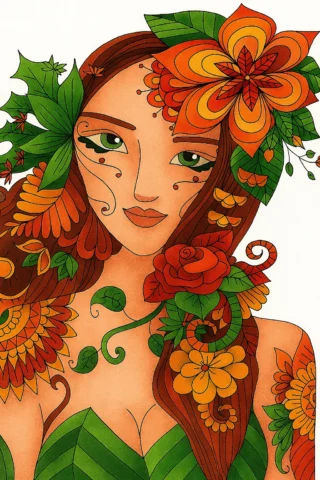 Малюнки для дітей 10 + років: Дівчина-квітка в стилі арт-ню — скачати та роздрукувати в форматі А4