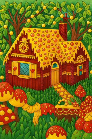 Малюнок для дітей 10 + років: Пряниковий будиночок у чарівному лісі — скачати та роздрукувати в форматі А4