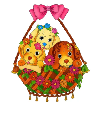 Малюнки для дітей 10 + років: Цуценята в кошику серед квітів — скачати та роздрукувати в форматі А4