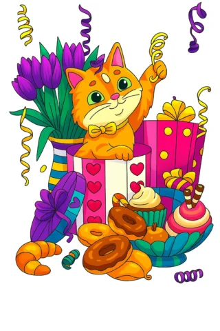 Малюнки для дівчат: Кошеня на святі з подарунками та солодощами — скачати та роздрукувати в форматі А4