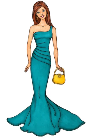 Малюнки для дівчат: Модна леді у вечірній сукні — скачати та роздрукувати в форматі А4