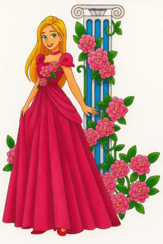 Малюнок для дівчат: Принцеса серед квітів — скачати та роздрукувати в форматі А4