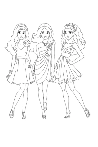 Розмальовки для дівчат: Три модні подружки на вечірці — скачати та роздрукувати в форматі А4