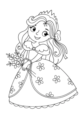 Розмальовки для дівчат принцеса з букетом скачати та роздрукувати в форматі А4