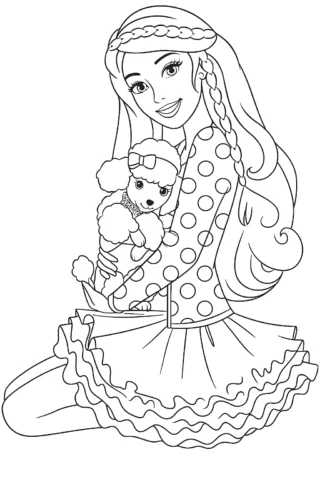 Розмальовки для дівчат: Дівчинка з пуделем у стильному вбранні — скачати та роздрукувати в форматі А4