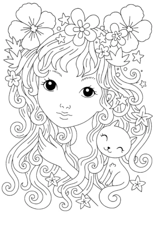 Розмальовки для дівчат: Фея з котиком у чарівних квітах — скачати та роздрукувати в форматі А4