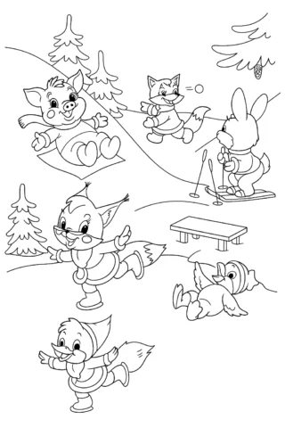 Розмальовки для дівчат зимові ігри з тваринами скачати та роздрукувати в форматі А4