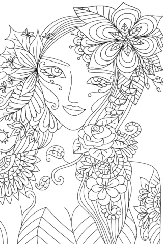 Розмальовки для дітей 10 + років: Дівчина-квітка в стилі арт-ню — скачати та роздрукувати в форматі А4