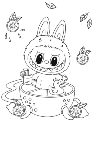 Розмальовки для дівчат Лабубу у ванні скачати та роздрукувати в форматі А4