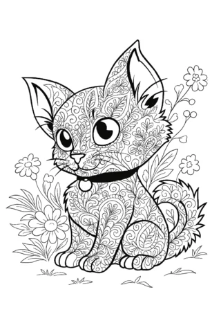 Розмальовки для дівчат кошеня з візерунками скачати та роздрукувати в форматі А4