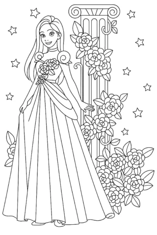 Розмальовки для дівчат Принцеса серед квітів — скачати та роздрукувати в форматі А4