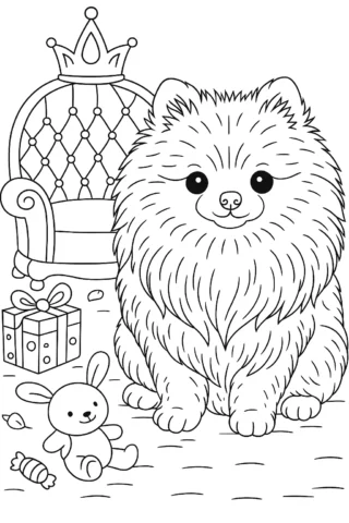 Розмальовки для дітей 2-3 років — Пухнастий песик у кімнаті з іграшками скачати та роздрукувати в форматі А4
