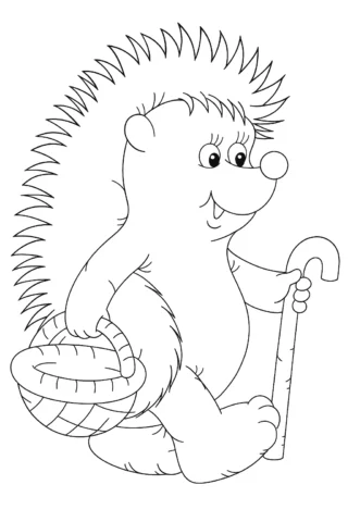 Розмальовки для дітей 2-3 років — Їжачок з кошиком і палицею скачати та роздрукувати в форматі А4