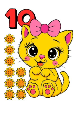 Розвиваючі малюнки котик і цифра 10 скачати та роздрукувати в форматі А4