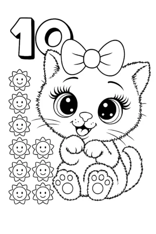 Розвиваючі розмальовки котик і цифра 10 скачати та роздрукувати в форматі А4