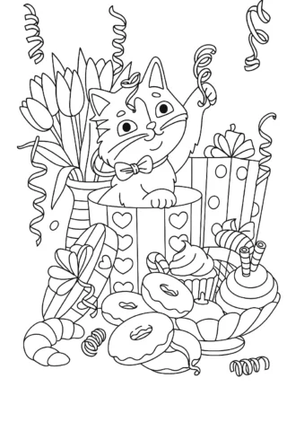 Розмальовки для дівчат Кошеня на святі з подарунками та солодощами — скачати та роздрукувати в форматі А4