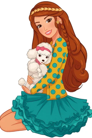 малюнки для дівчат: Дівчинка з пуделем у стильному вбранні — скачати та роздрукувати в форматі А4