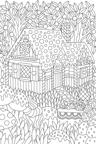 Розмальовки для дітей 10 + років: Пряниковий будиночок у чарівному лісі — скачати та роздрукувати в форматі А4