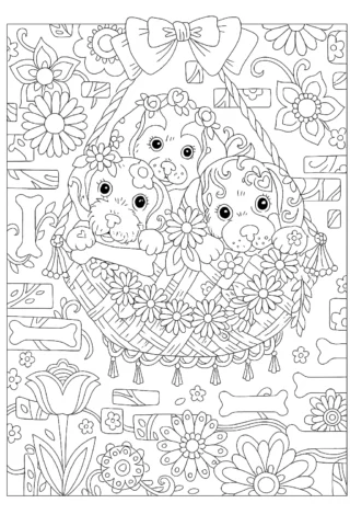 Розмальовки для дітей 10 + років: Цуценята в кошику серед квітів — скачати та роздрукувати в форматі А4