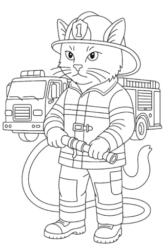 Розмальовки для дівчат кіт-пожежник скачати та роздрукувати в форматі А4
