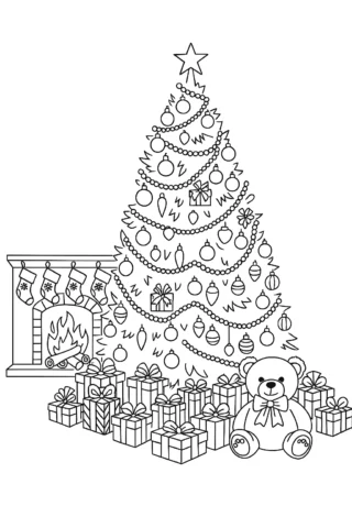 Розмальовки для дітей 10 + років: Новорічна ялинка з подарунками та каміном — скачати та роздрукувати в форматі А4