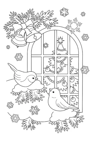 Розмальовки для дітей 10 + років: Пташки на гілці біля новорічного вікна — скачати та роздрукувати в форматі А4
