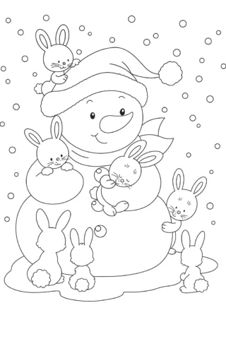 Розмальовки для дітей 10 + років: Сніговик і зайченята в зимову пору — скачати та роздрукувати в форматі А4
