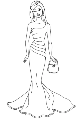 Розмальовки для дівчат: Модна леді у вечірній сукні — скачати та роздрукувати в форматі А4