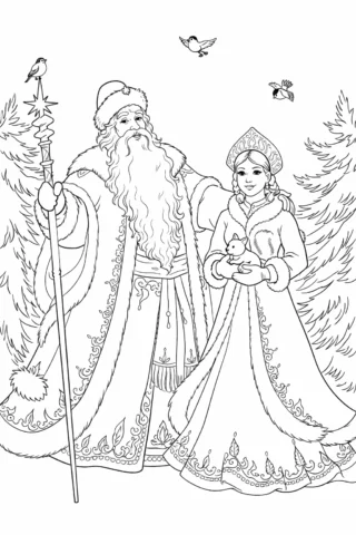 Розмальовки для дівчат — Дід Мороз і Снігуронька скачати та роздрукувати в форматі А4