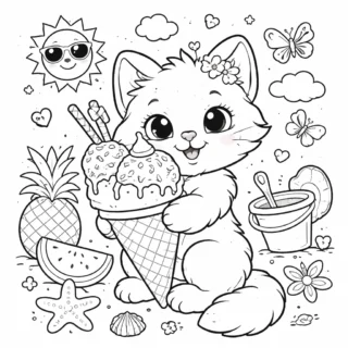 Розмальовки для дівчат — Кошеня з морозивом на пляжі скачати та роздрукувати в форматі А4
