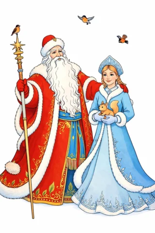Малюнкии для дівчат — Дід Мороз і Снігуронька скачати та роздрукувати в форматі А4