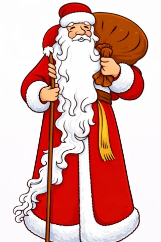 Малюнки для дівчат — Дід Мороз з мішком подарунків скачати та роздрукувати в форматі А4