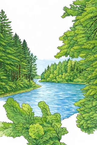 Малюнки для дорослих — Пейзаж лісу з річкою скачати та роздрукувати в форматі А4