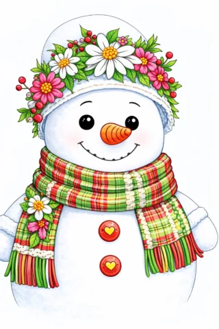Розмальовки для дорослих — Сніговик із квітковим вінком скачати та роздрукувати в форматі А4