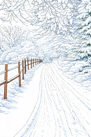 Малюнки для дорослих — Зимова дорога через ліс скачати та роздрукувати в форматі А4