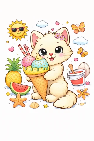Малюнки для дівчат — Кошеня з морозивом на пляжі скачати та роздрукувати в форматі А4