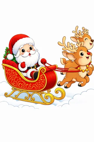 Малюнки для дівчат — Санта на санях з оленями скачати та роздрукувати в форматі А4