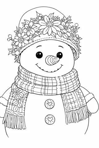 Розмальовки для дорослих — Сніговик із квітковим вінком скачати та роздрукувати в форматі А4
