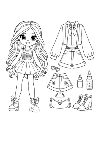 Розмальовки для дівчат — Модна Лялька з аксесуарами скачати та роздрукувати в форматі А4