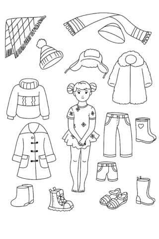 Розмальовки для дівчат — Одягни ляльку: зимовий гардероб скачати та роздрукувати в форматі А4