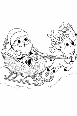 Розмальовки для дівчат — Санта на санях з оленями скачати та роздрукувати в форматі А4