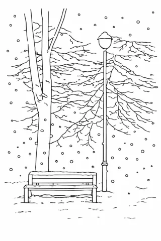 Розмальовки для дівчат — Зимовий парк із лавкою скачати та роздрукувати в форматі А4