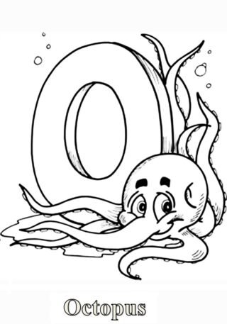 Розвиваючі розмальовки Буква O та восьминіг (Octopus) — скачати та роздрукувати в форматі А4