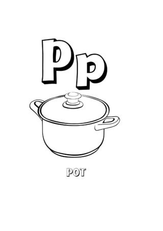 Розвиваючі розмальовки Буква P та каструля (pot) — скачати та роздрукувати в форматі А4